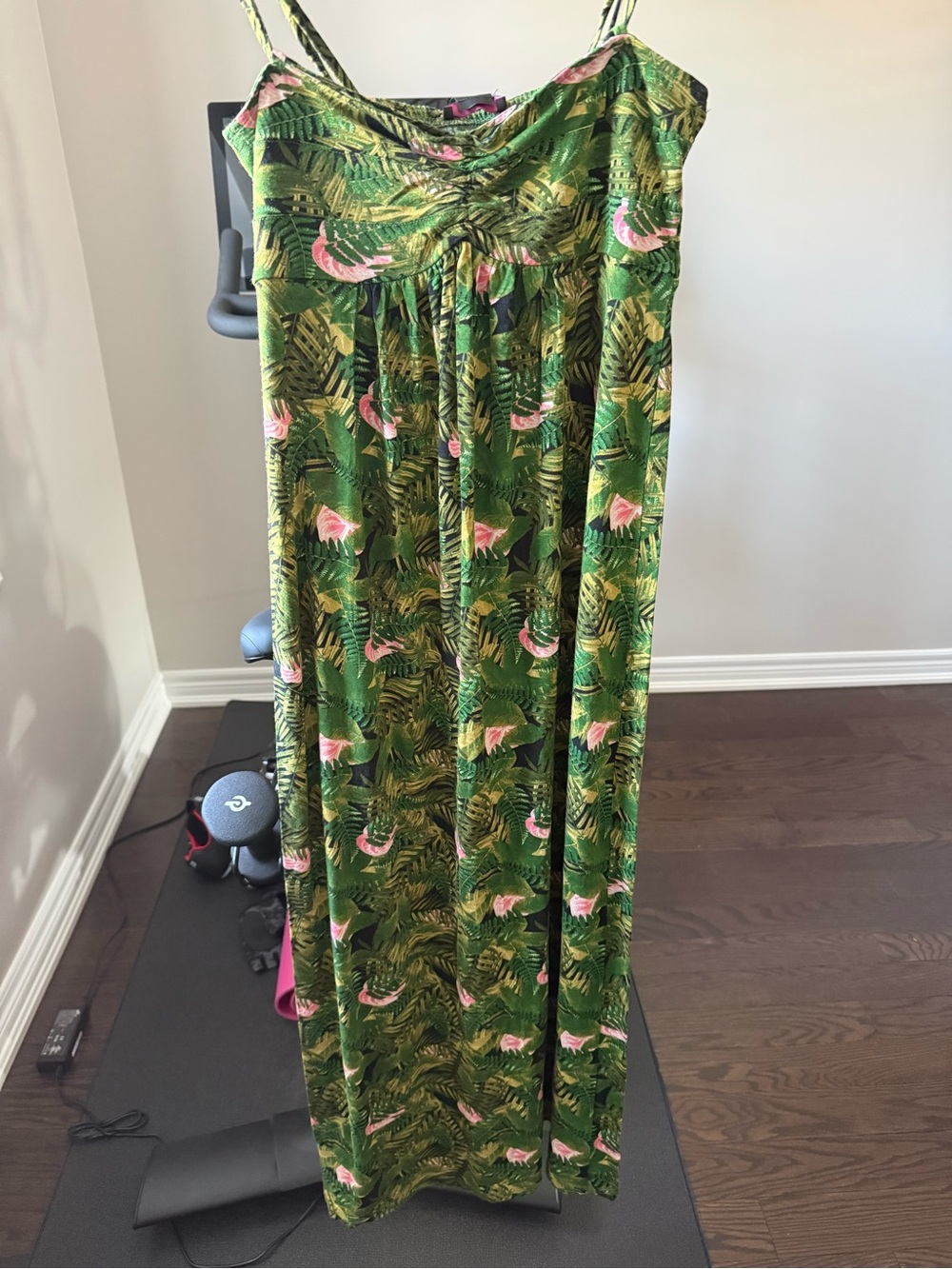 Tropical Green Flamingo Print Maxi Dress Small